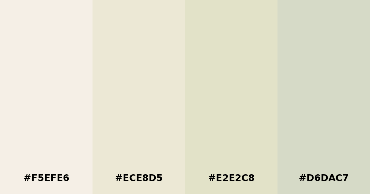 Color palette #F5EFE6 #ECE8D5 #E2E2C8 #D6DAC7