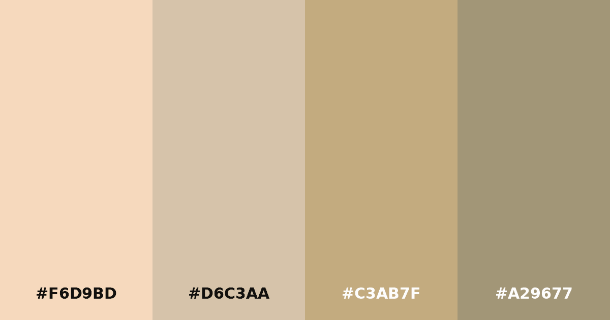 Color palette #F6D9BD #D6C3AA #C3AB7F #A29677