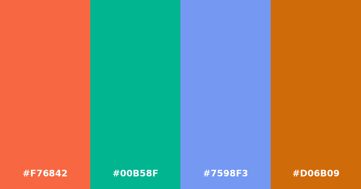 Color palette #F76842 #00B58F #7598F3 #D06B09