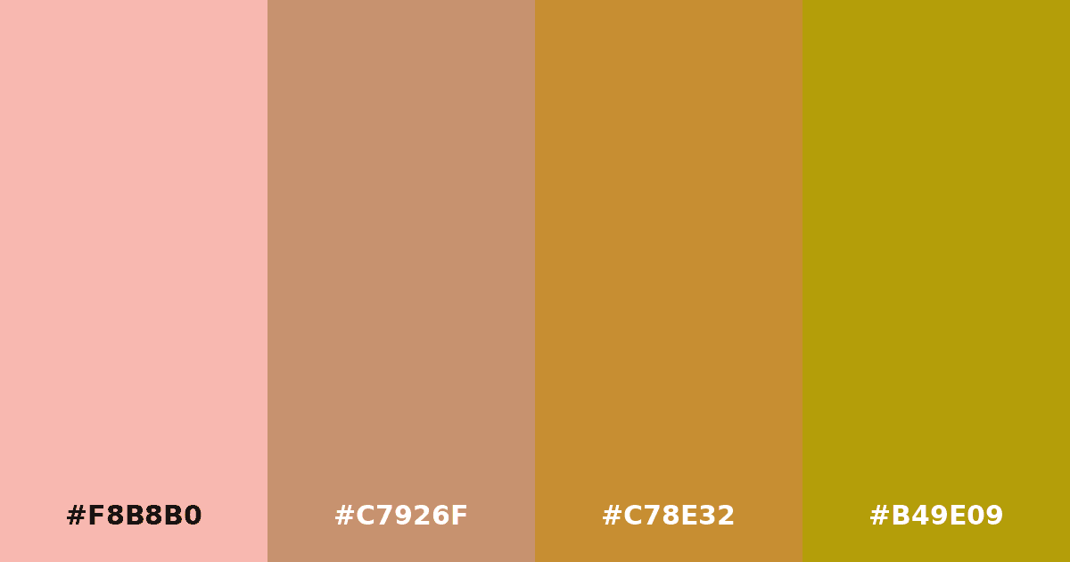 Color palette #F8B8B0 #C7926F #C78E32 #B49E09