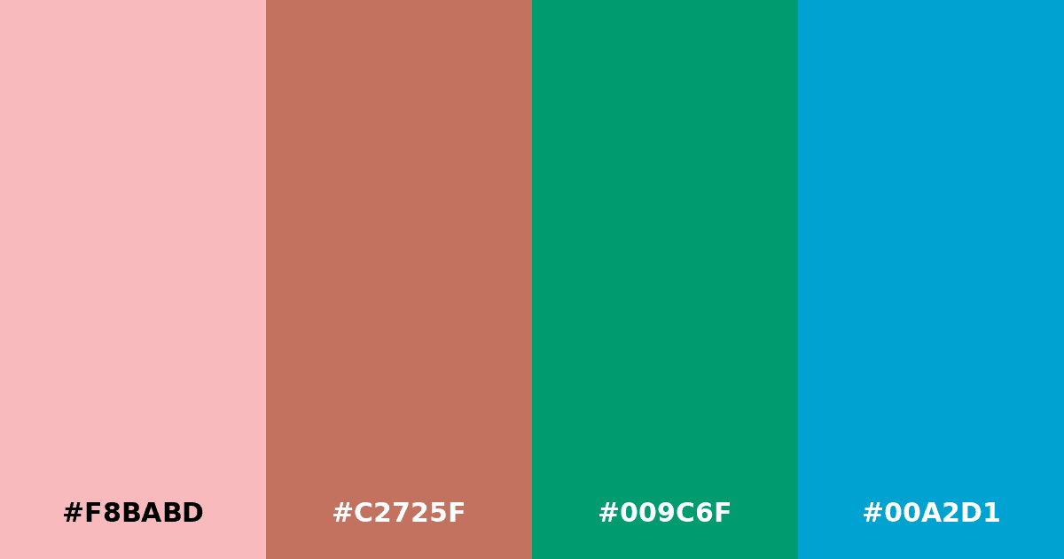 Color palette #F8BABD #C2725F #009C6F #00A2D1