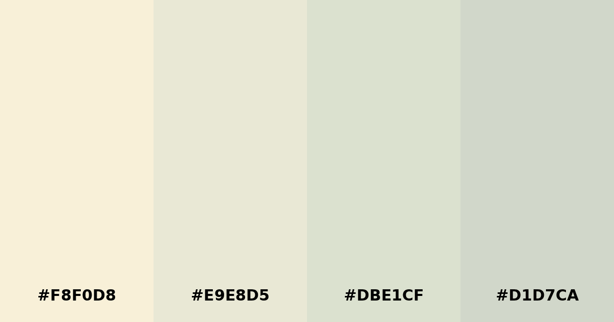 Color palette #F8F0D8 #E9E8D5 #DBE1CF #D1D7CA