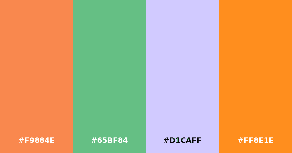 Color palette #F9884E #65BF84 #D1CAFF #FF8E1E