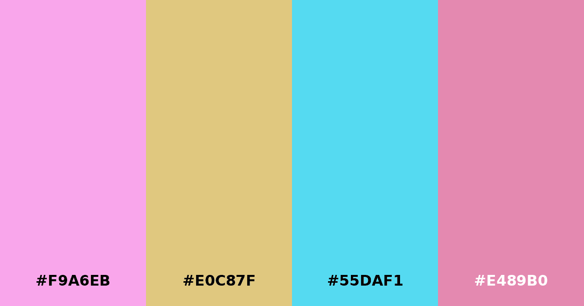 Color palette #F9A6EB #E0C87F #55DAF1 #E489B0
