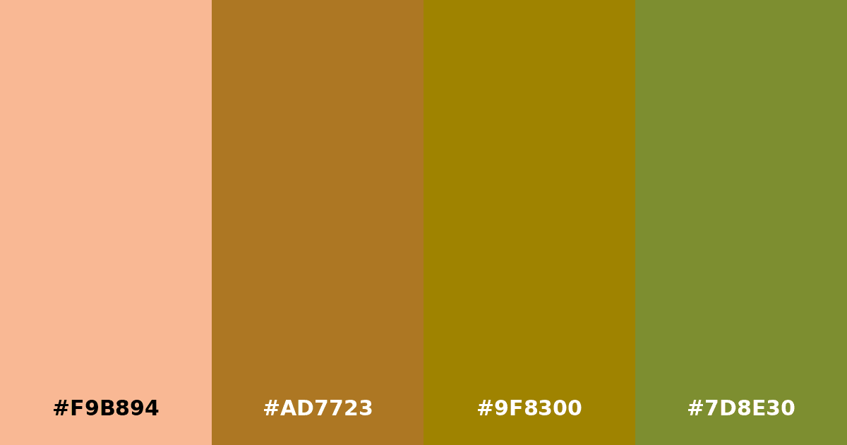 Color palette #F9B894 #AD7723 #9F8300 #7D8E30
