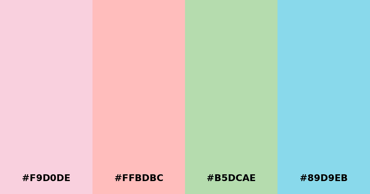Color palette #F9D0DE #FFBDBC #B5DCAE #89D9EB