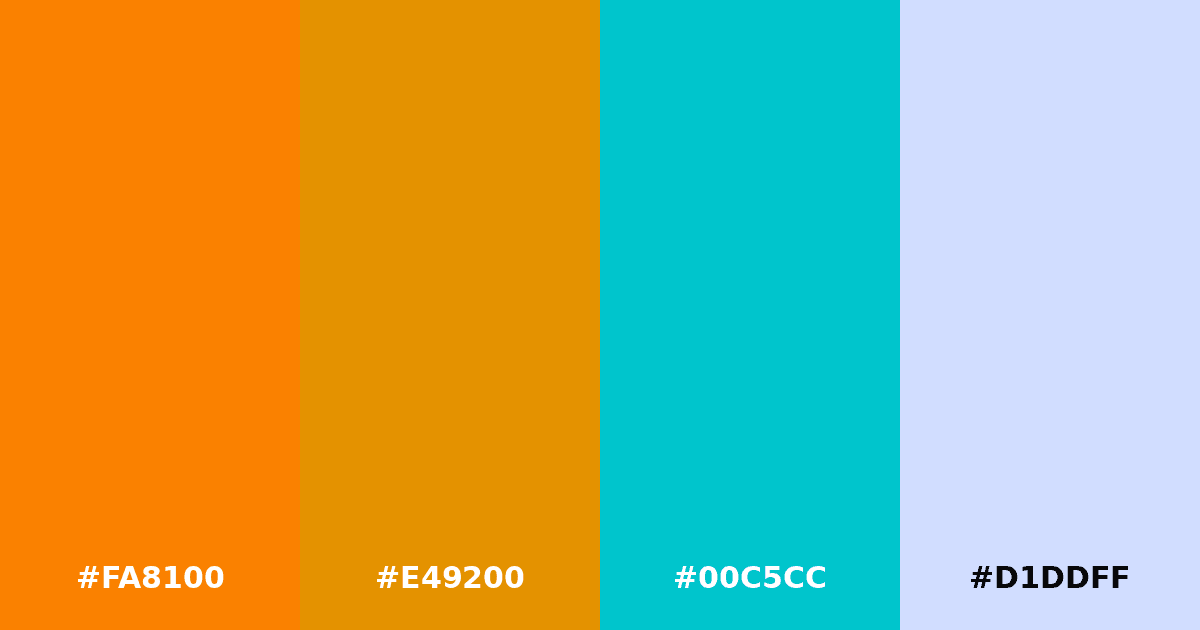 Color palette #FA8100 #E49200 #00C5CC #D1DDFF