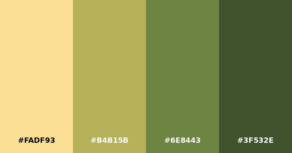 Color palette #FADF93 #B4B15B #6E8443 #3F532E