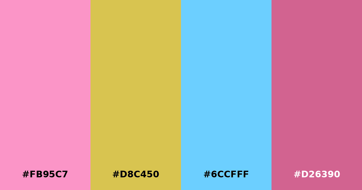 Color palette #FB95C7 #D8C450 #6CCFFF #D26390