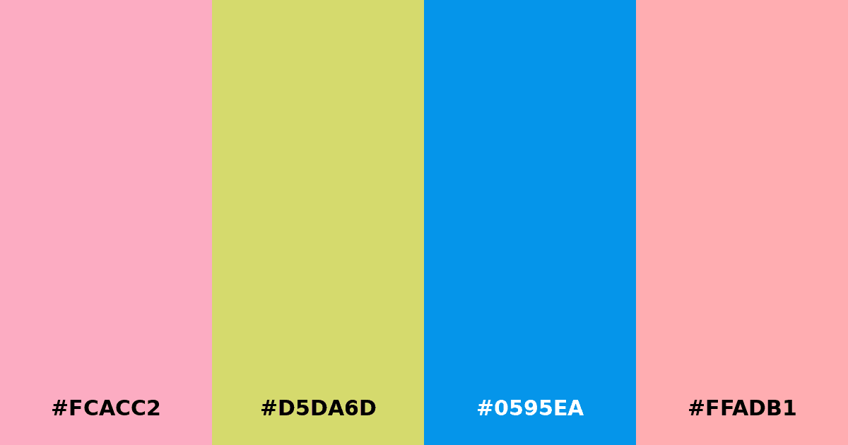 Color palette #FCACC2 #D5DA6D #0595EA #FFADB1