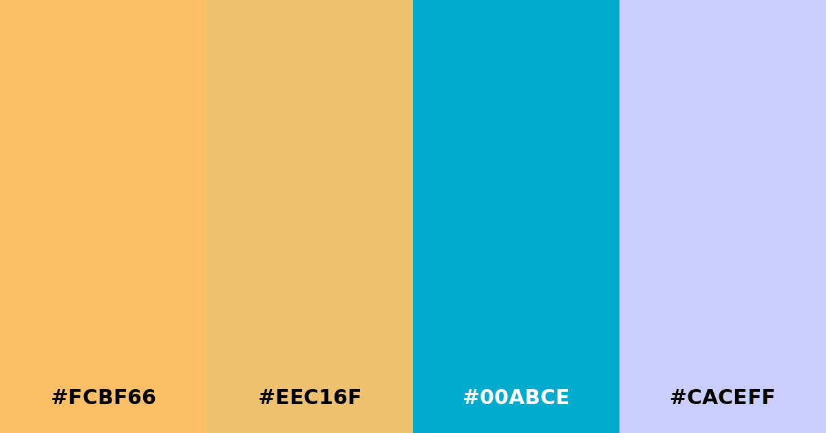 Color palette #FCBF66 #EEC16F #00ABCE #CACEFF