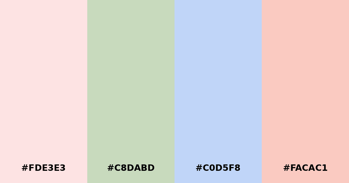 Color palette #FDE3E3 #C8DABD #C0D5F8 #FACAC1
