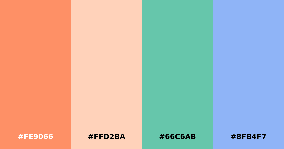 Color palette #FE9066 #FFD2BA #66C6AB #8FB4F7