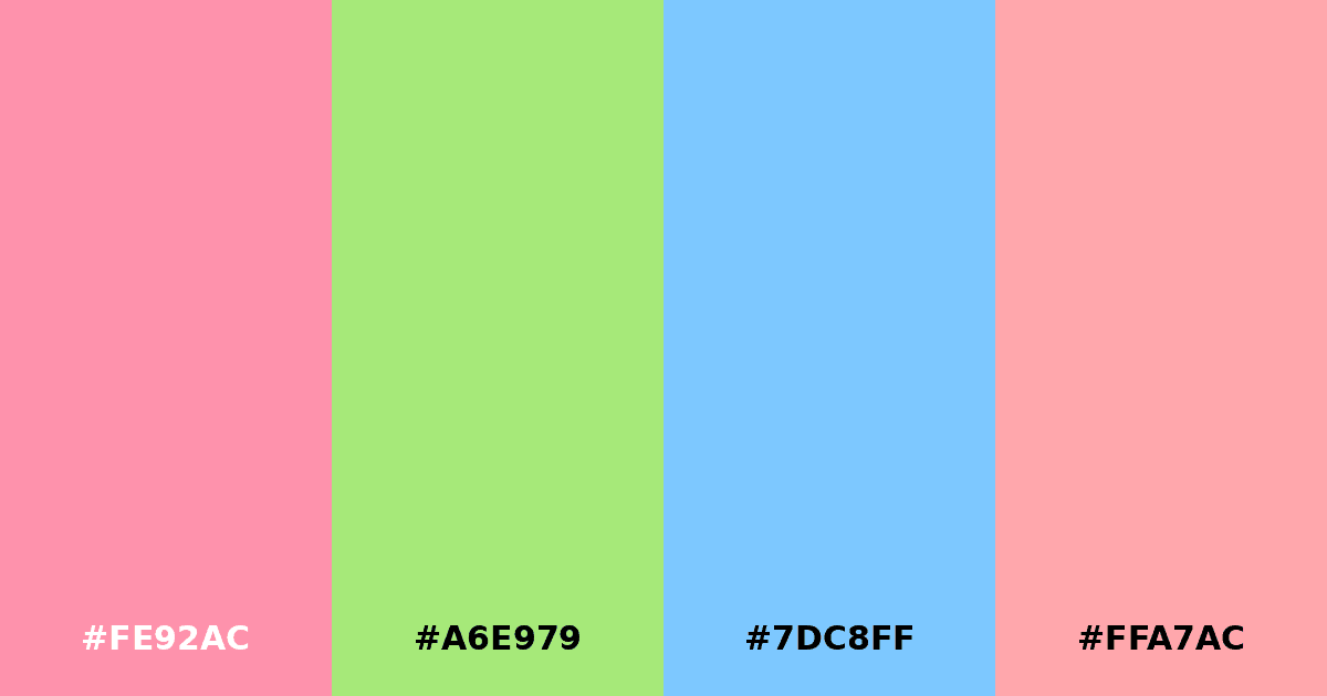 Color palette #FE92AC #A6E979 #7DC8FF #FFA7AC