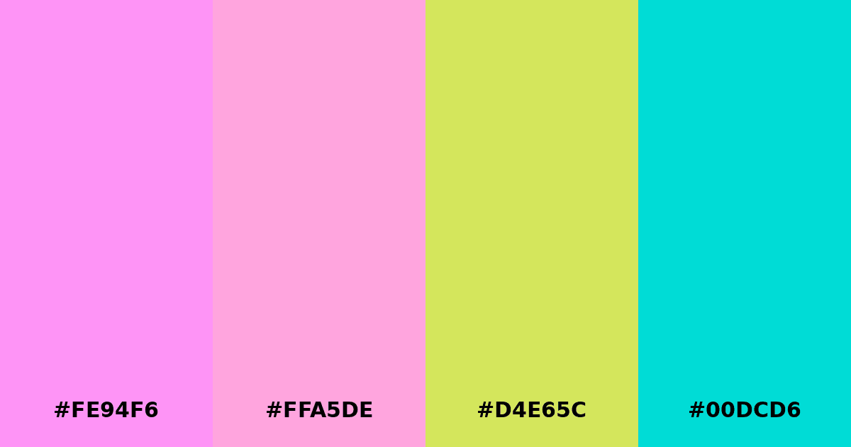 Color palette #FE94F6 #FFA5DE #D4E65C #00DCD6
