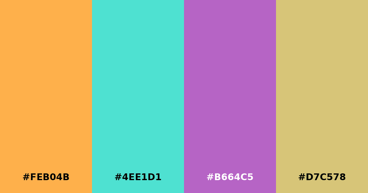 Color palette #FEB04B #4EE1D1 #B664C5 #D7C578