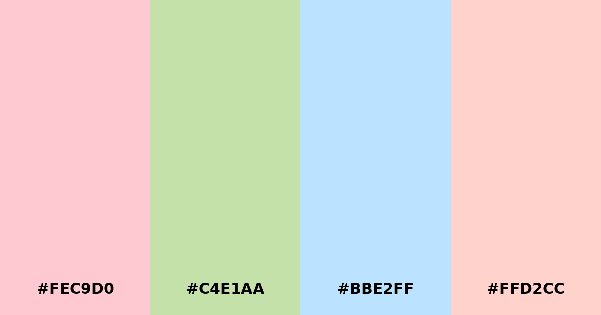 Color palette #FEC9D0 #C4E1AA #BBE2FF #FFD2CC