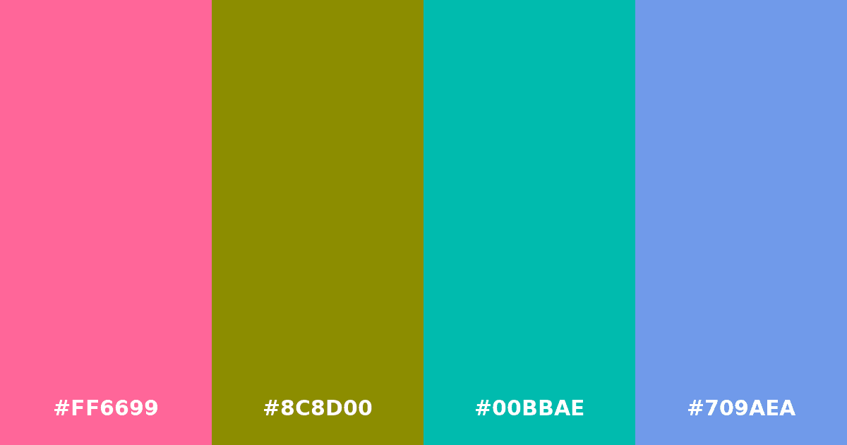 Color palette #FF6699 #8C8D00 #00BBAE #709AEA
