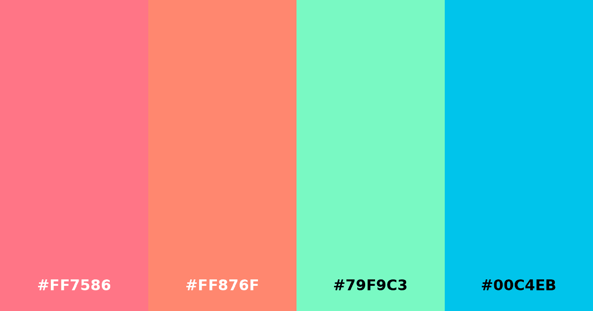 Color palette #FF7586 #FF876F #79F9C3 #00C4EB