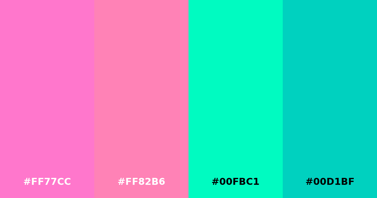 Color palette #FF77CC #FF82B6 #00FBC1 #00D1BF