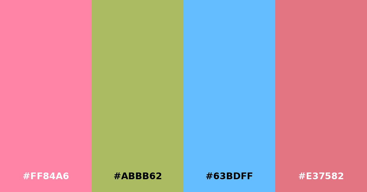 Color palette #FF84A6 #ABBB62 #63BDFF #E37582