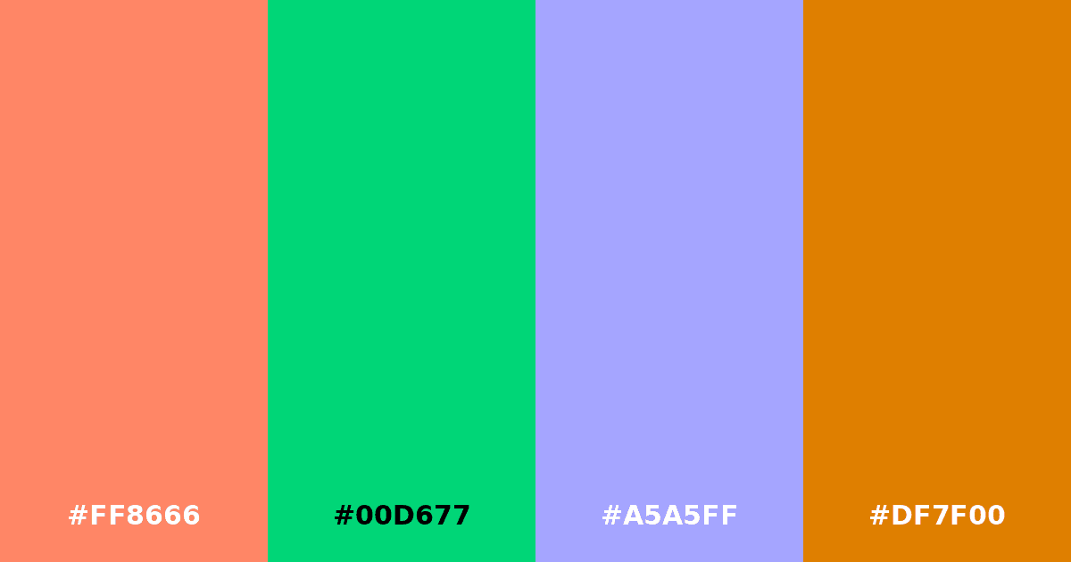 Color palette #FF8666 #00D677 #A5A5FF #DF7F00