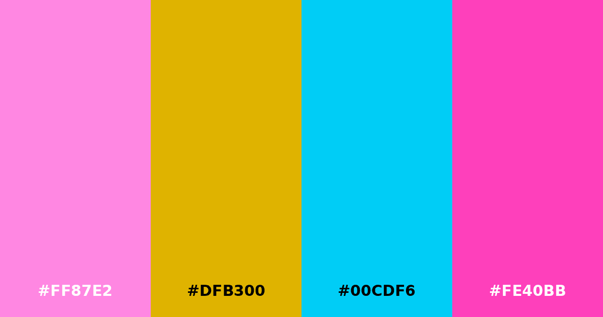 Color palette #FF87E2 #DFB300 #00CDF6 #FE40BB