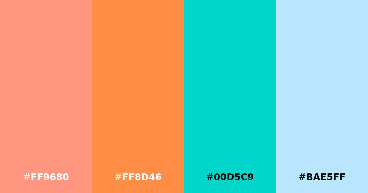Color palette #FF9680 #FF8D46 #00D5C9 #BAE5FF