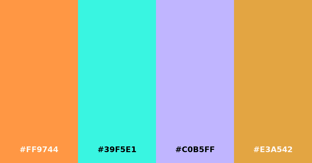 Color palette #FF9744 #39F5E1 #C0B5FF #E3A542