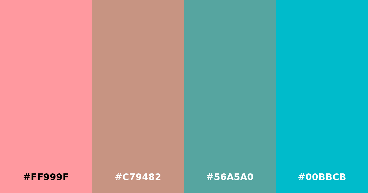 Color palette #FF999F #C79482 #56A5A0 #00BBCB