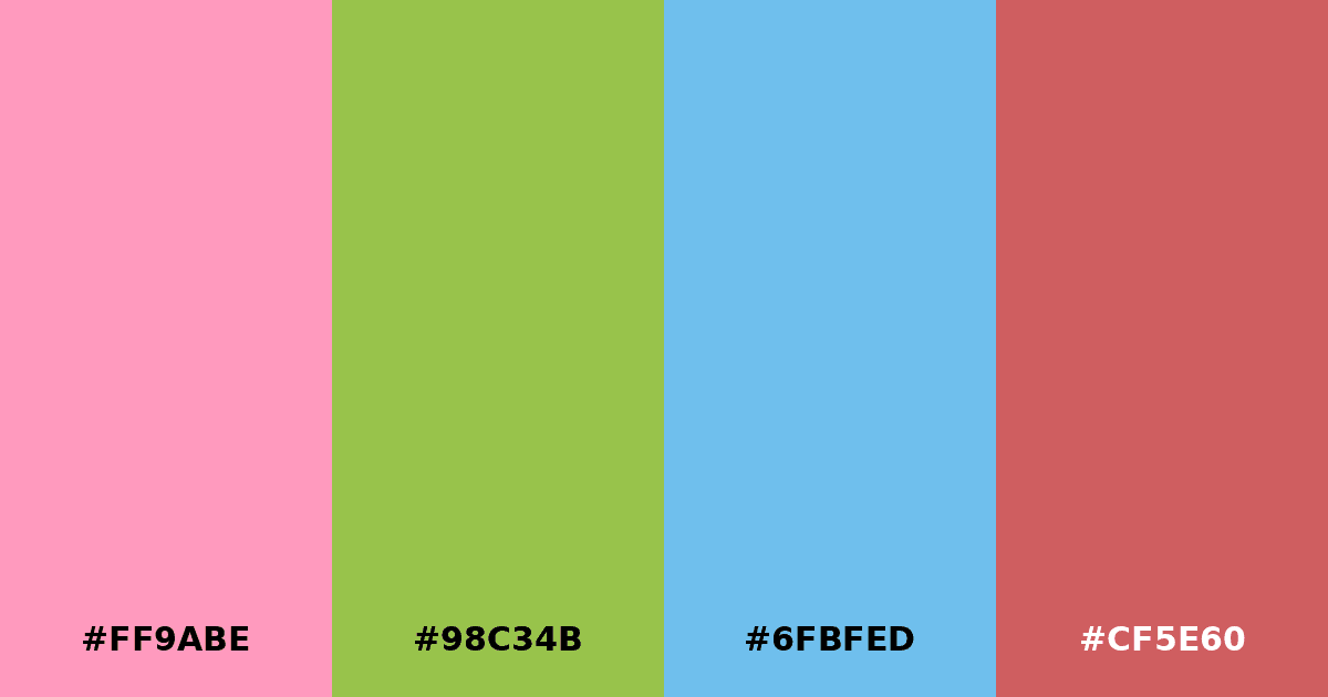 Color palette #FF9ABE #98C34B #6FBFED #CF5E60