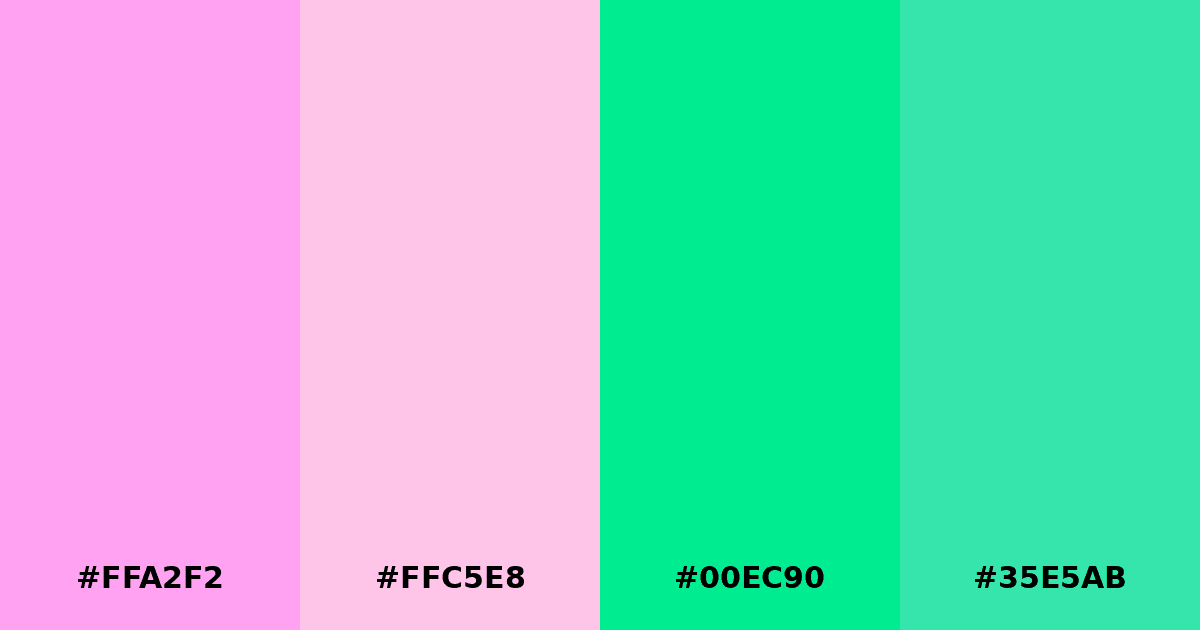 Color palette #FFA2F2 #FFC5E8 #00EC90 #35E5AB