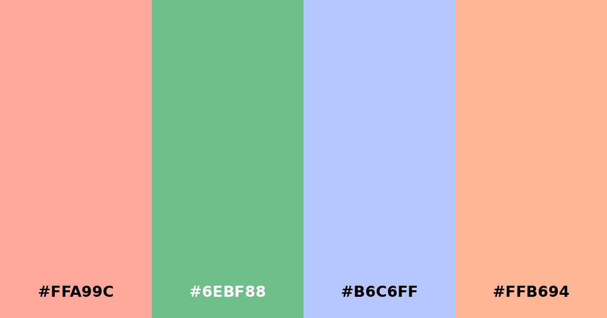 Color palette #FFA99C #6EBF88 #B6C6FF #FFB694