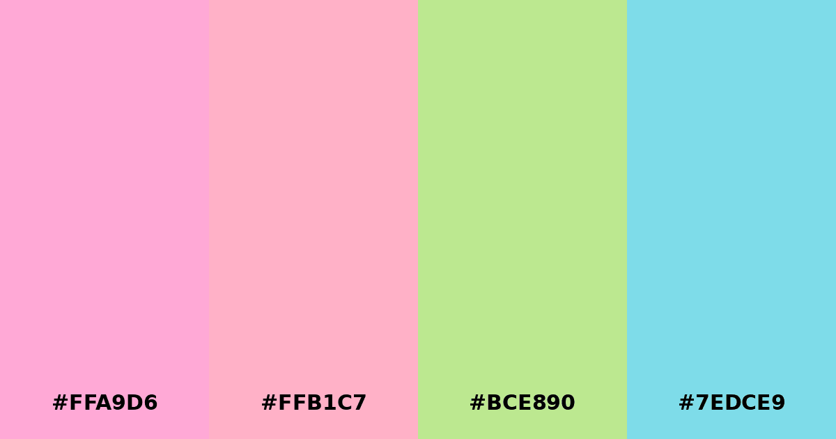 Color palette #FFA9D6 #FFB1C7 #BCE890 #7EDCE9