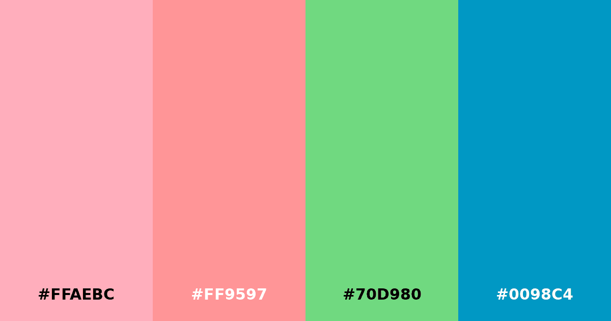 Color palette #FFAEBC #FF9597 #70D980 #0098C4