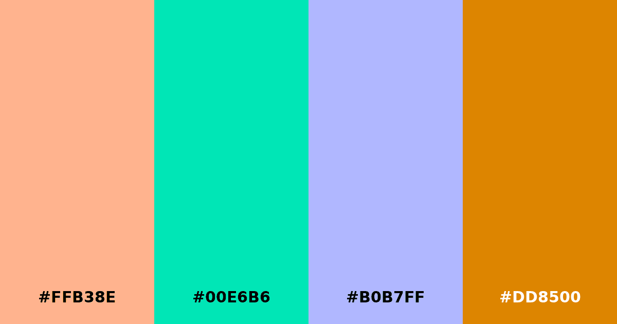 Color palette #FFB38E #00E6B6 #B0B7FF #DD8500