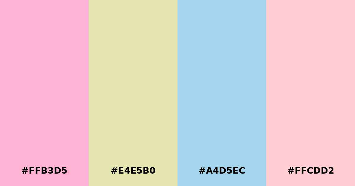 Color palette #FFB3D5 #E4E5B0 #A4D5EC #FFCDD2