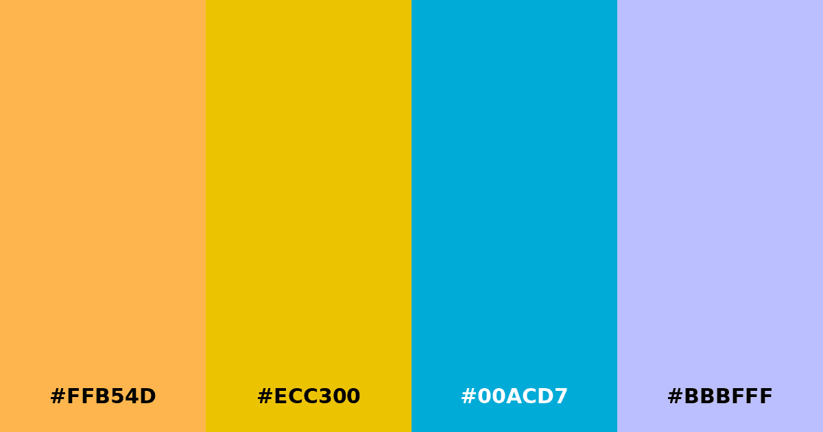 Color palette #FFB54D #ECC300 #00ACD7 #BBBFFF