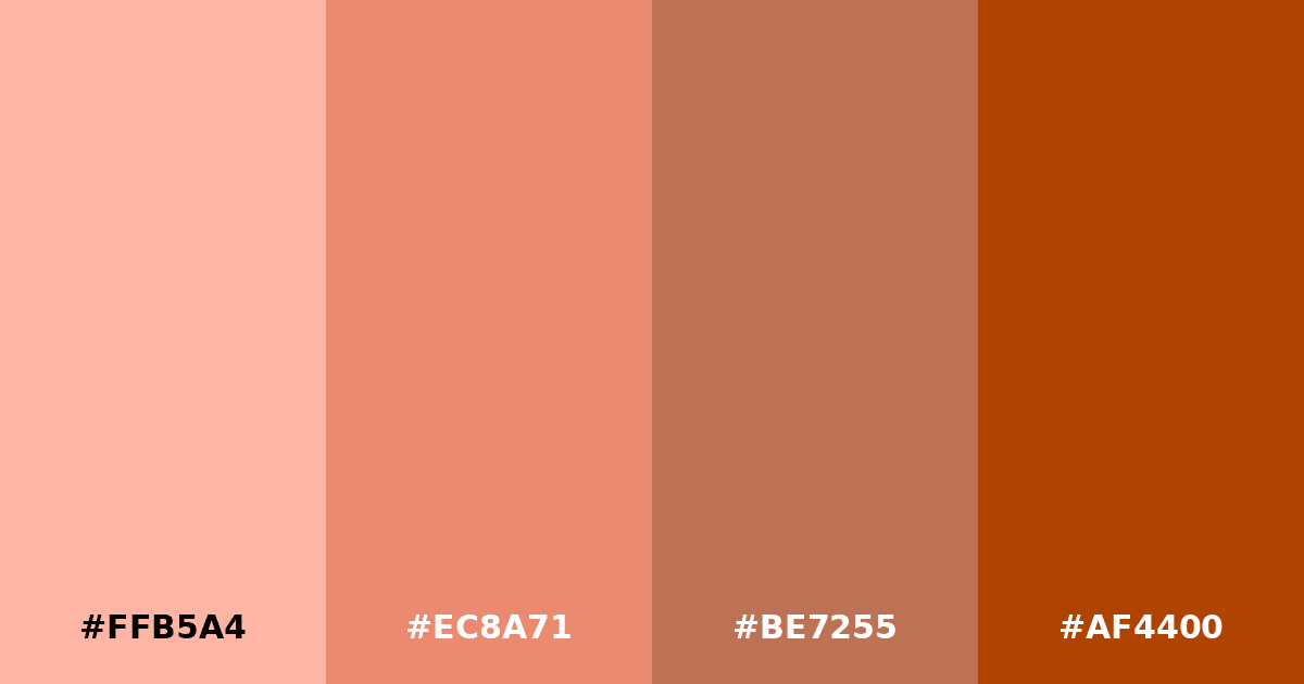 Color palette #FFB5A4 #EC8A71 #BE7255 #AF4400