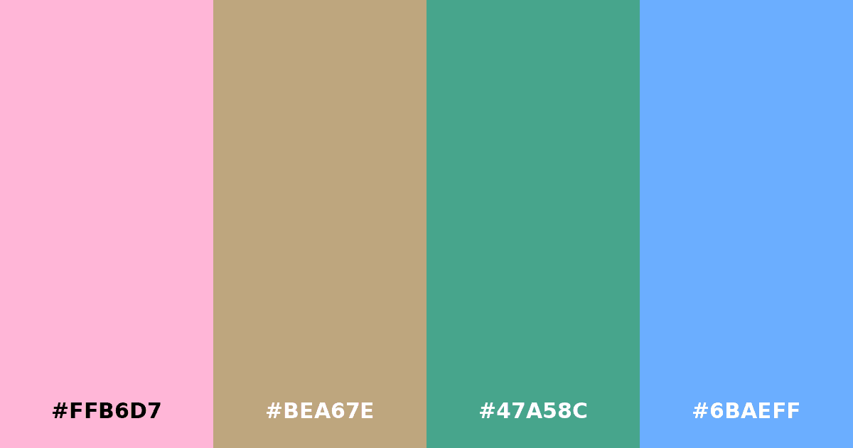 Color palette #FFB6D7 #BEA67E #47A58C #6BAEFF