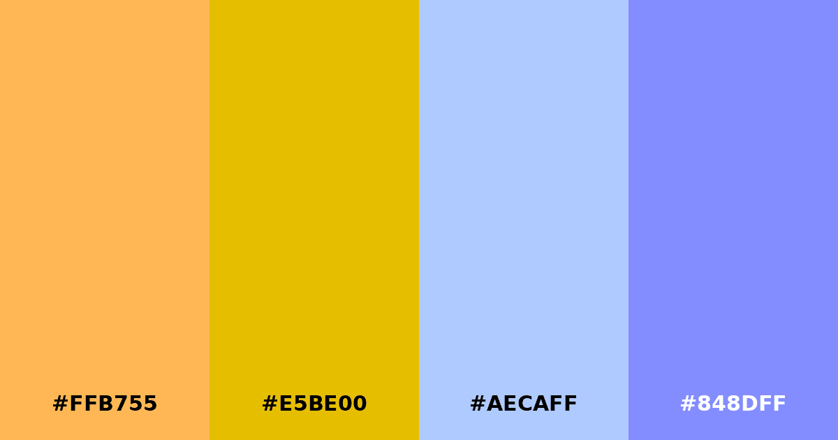 Color palette #FFB755 #E5BE00 #AECAFF #848DFF