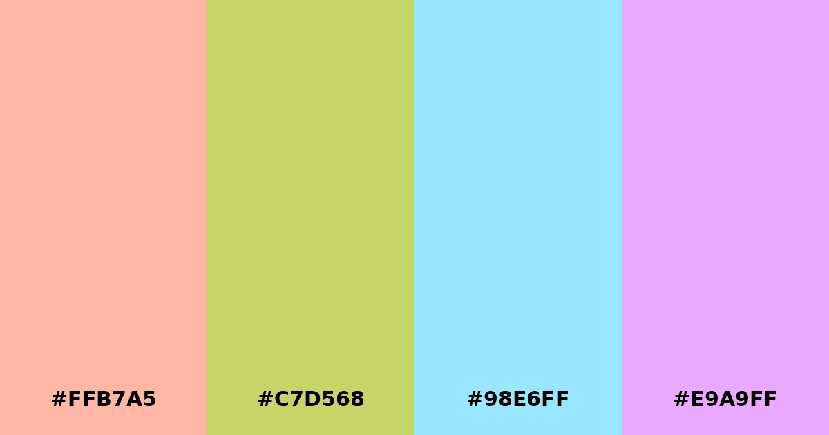 Color palette #FFB7A5 #C7D568 #98E6FF #E9A9FF