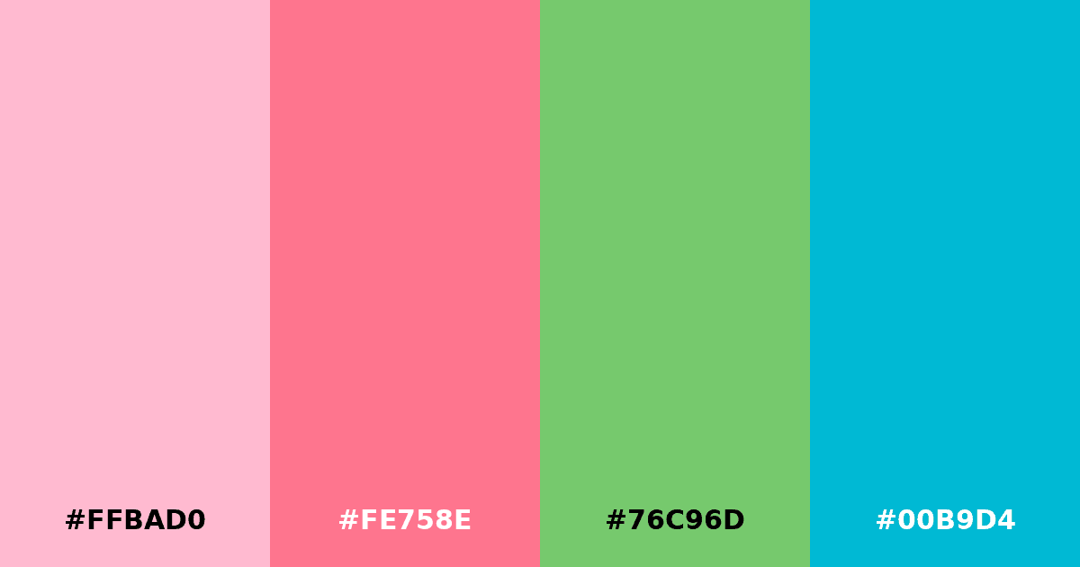 Color palette #FFBAD0 #FE758E #76C96D #00B9D4