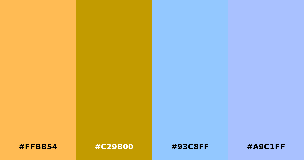 Color palette #FFBB54 #C29B00 #93C8FF #A9C1FF