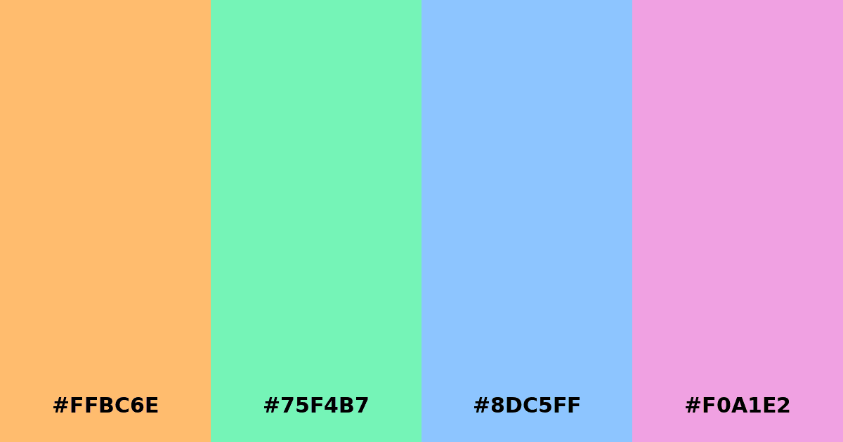 Color palette #FFBC6E #75F4B7 #8DC5FF #F0A1E2