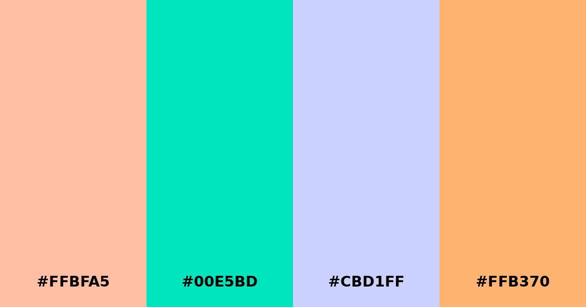 Color palette #FFBFA5 #00E5BD #CBD1FF #FFB370