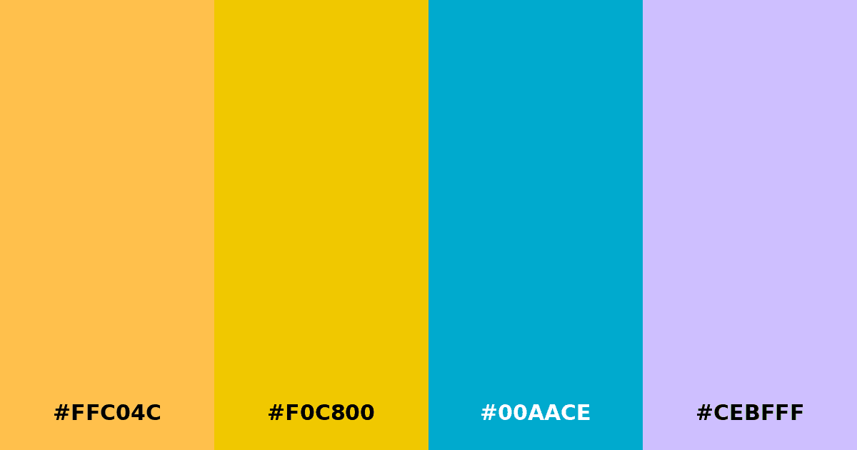 Color palette #FFC04C #F0C800 #00AACE #CEBFFF