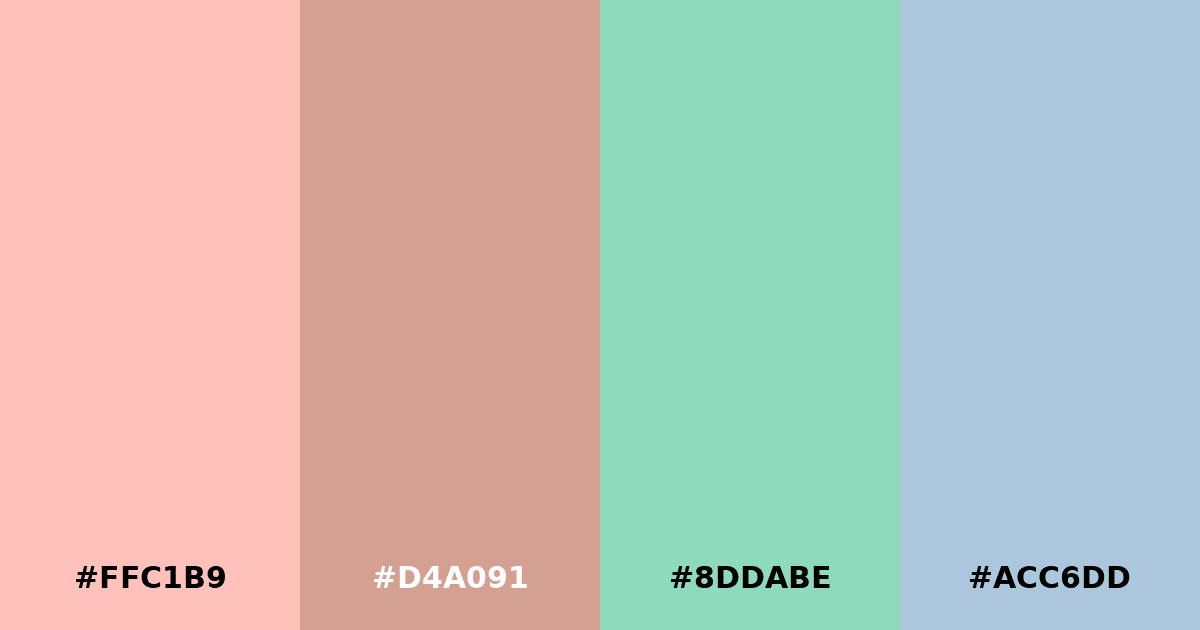 Color palette #FFC1B9 #D4A091 #8DDABE #ACC6DD