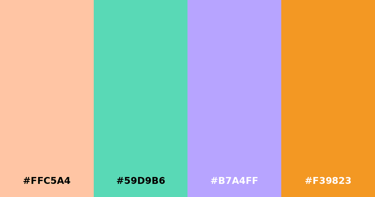 Color palette #FFC5A4 #59D9B6 #B7A4FF #F39823