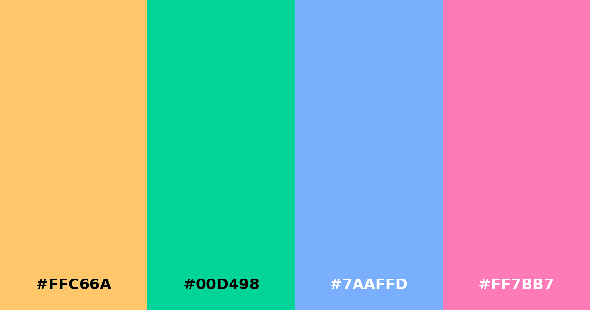 Color palette #FFC66A #00D498 #7AAFFD #FF7BB7